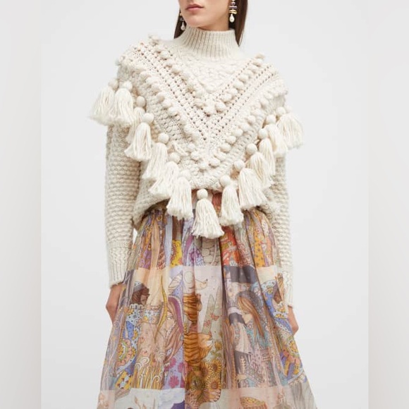 SOLD-Zimmermann Kaleidoscope Natural Crochet Tassel Pom Embellished Wool Sweater - Picture 2 of 9
